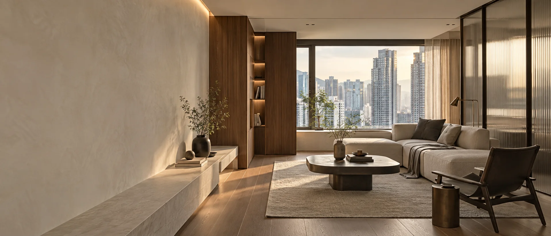 Interior apartemen Hong Kong dengan kayu, batu, dan pencahayaan hangat